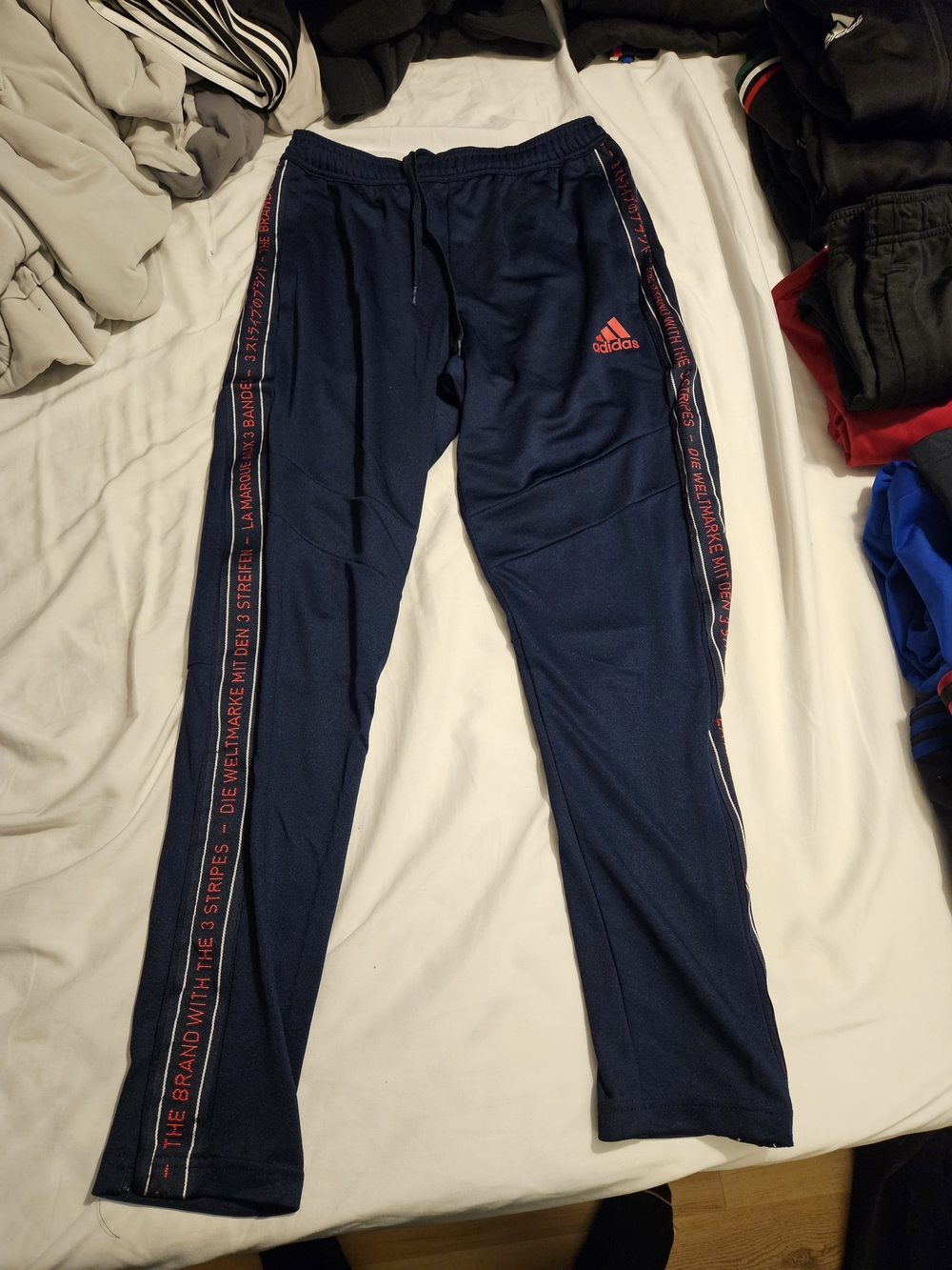 adidas Navy Blue Joggers with Red Logo & Side Tape